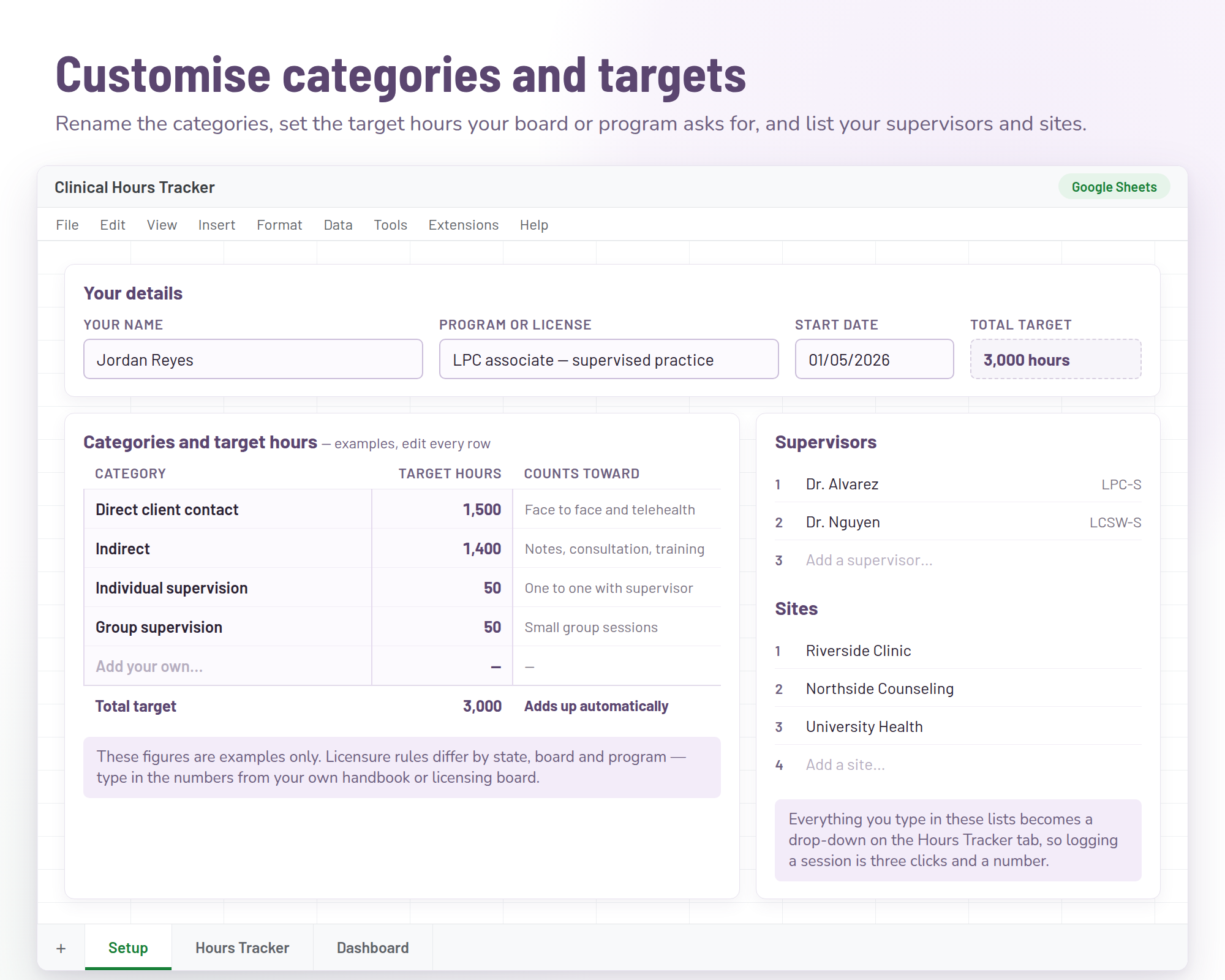 Setup tab with custom categories and target hours